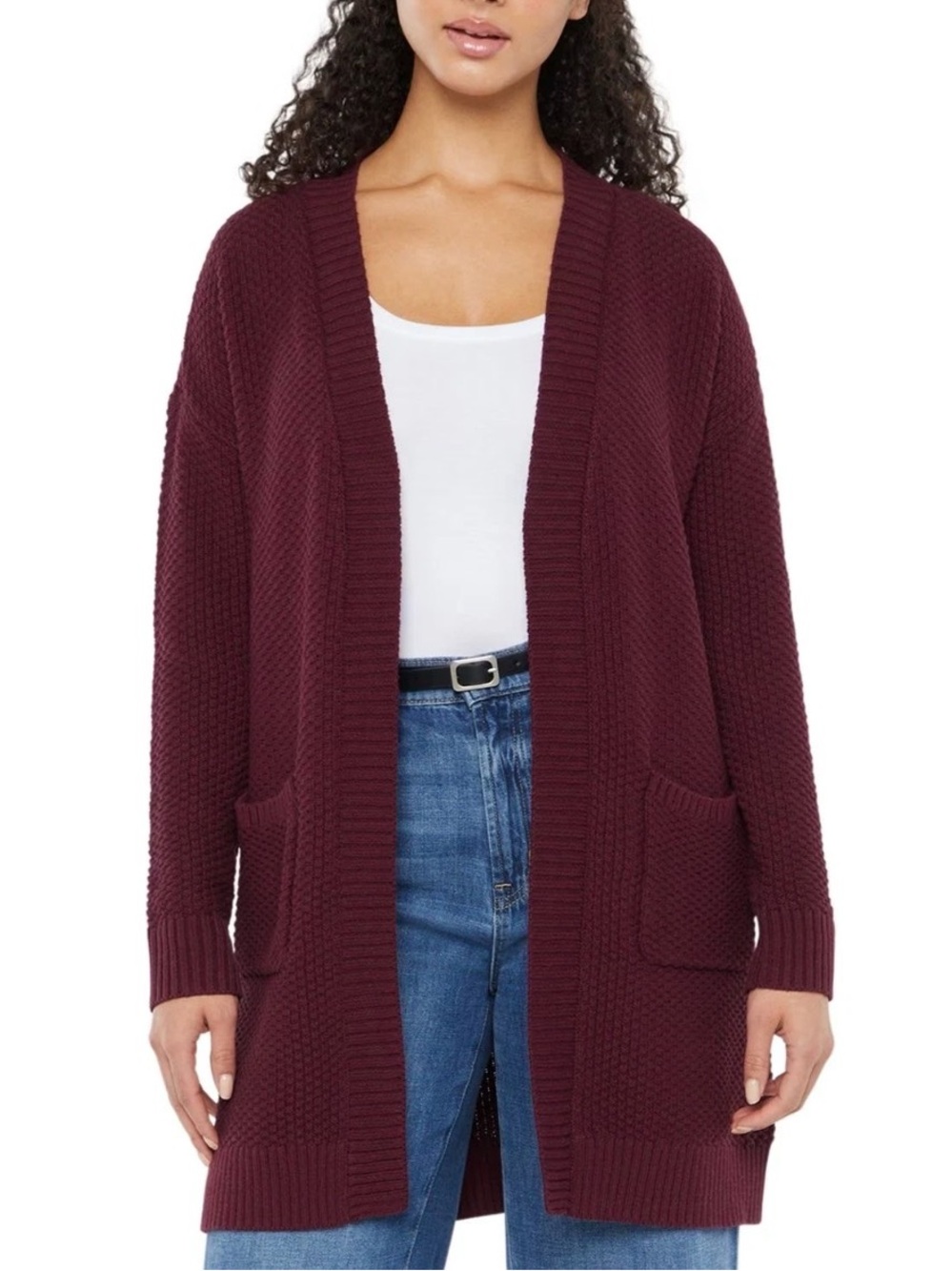 GAP Cardigan XXL Burgundy Open Front Long Pockets Seedstitch Ribbed Shawl Collar